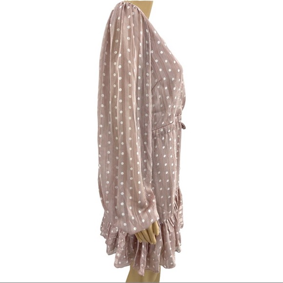 Lulus (L) Spotlight Moment Mauve Pastel Pink Polka Dot Chiffon Ruffle Mini Dress - Picture 4 of 9